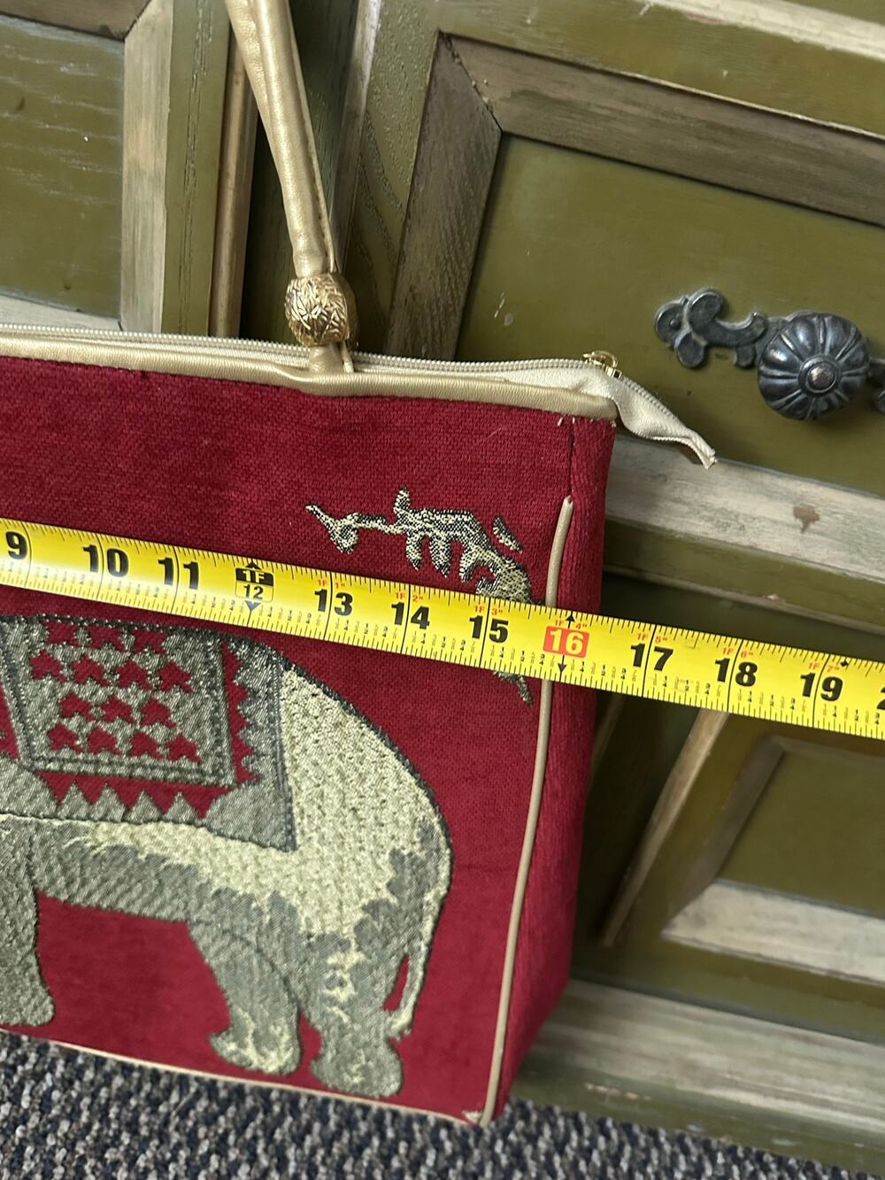 Tapestry bag red elephant carpet tote zipper bag vintage unique purse woven gold